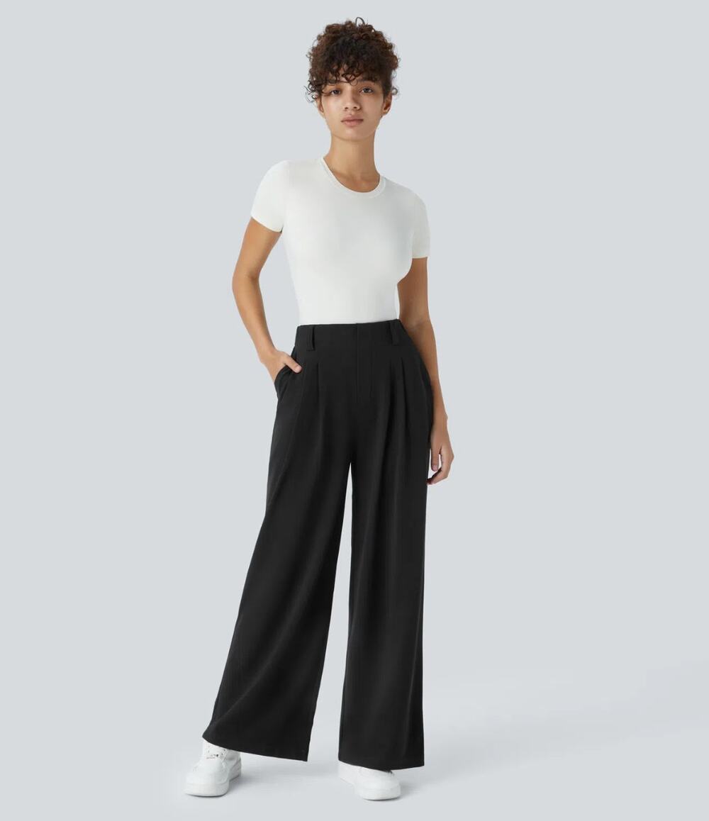 HALARA Flex High Waist Wide Leg Waffle Work Pants Black Sz M Reg NWT {3E54}